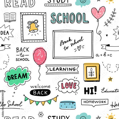 Back to school cute doodle pattern. Seamless background with school illustrations