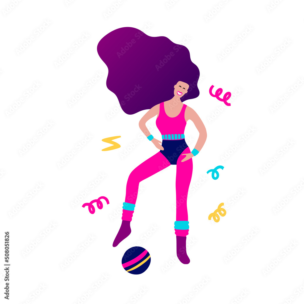 80s girl doing aerobic exercise, woman vector cartoon party character. 80s girl doing aerobic exercise, woman vector cartoon party character.