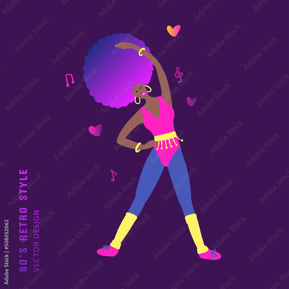 80s girl doing aerobic exercise, woman vector cartoon party character. 80s girl doing aerobic exercise, woman vector cartoon party character.