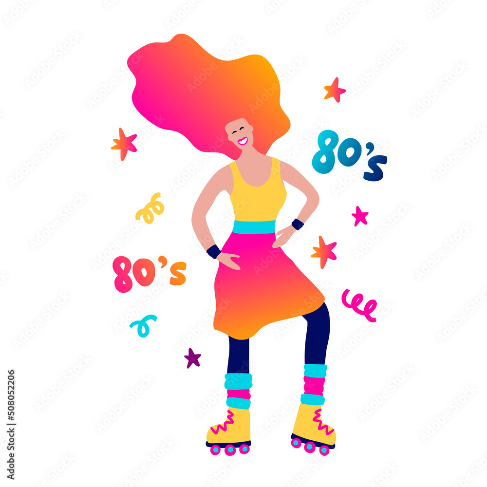 80s girl with rollerskates vector cartoon party character. Vector woman illustration 80s girl with rollerskates vector cartoon party character. Vector woman illustration