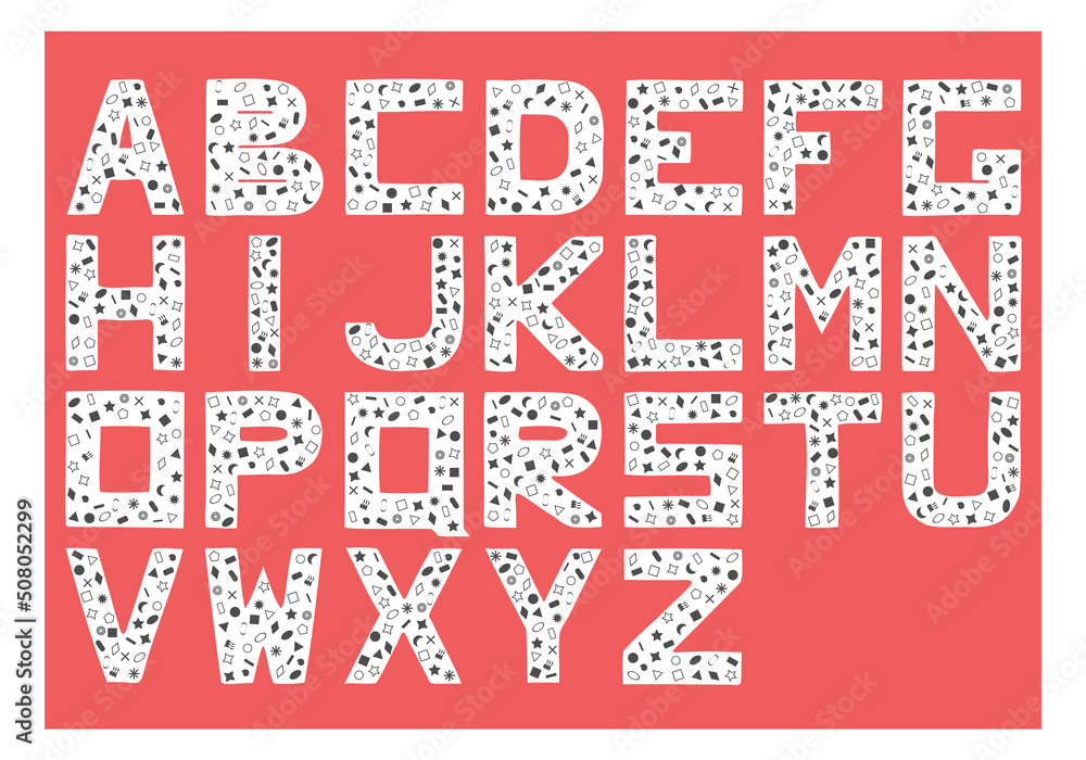 English alphabet with different characters inside the letters. Hand Drawn. Freehand drawing. Doodle. Sketch. English alphabet with different characters inside the letters. Hand Drawn. Freehand drawing. Doodle. Sketch.