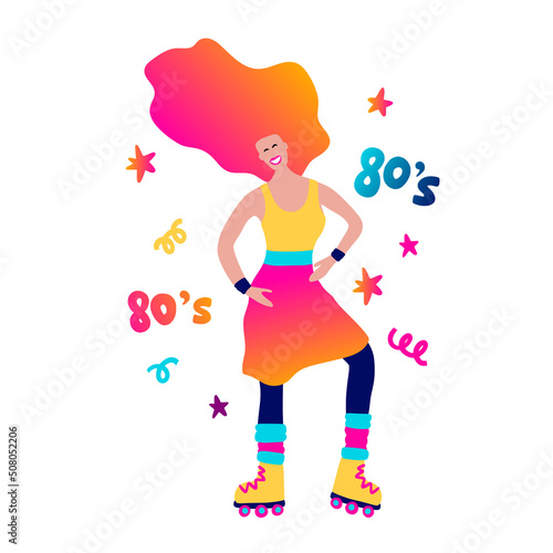80s girl with rollerskates vector cartoon party character. Vector woman illustration