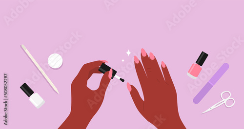 Manicure background. Nail polish. Woman doing manicure. Vector photo