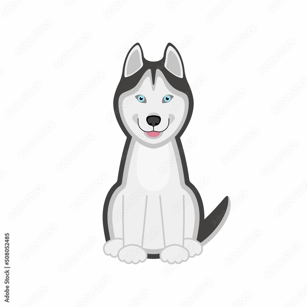 Black and white Siberian husky with blue eyes. Husky happy dog. Vector illustration in cartoon flat style. Isolated on white background. Black and white Siberian husky with blue eyes. Husky happy dog. Vector illustration in cartoon flat style. Isolated on white background.