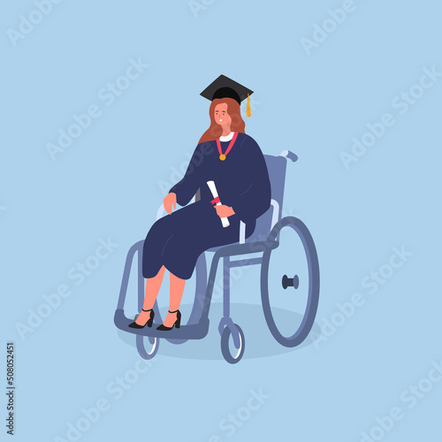 Young woman is sitting in a wheelchair. Graduation student. Vector