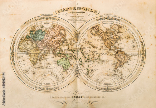 Antique world map. Old vintage paper background