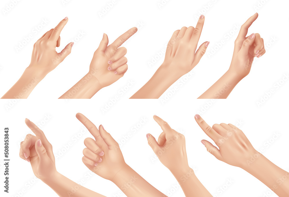 Set of Woman Hands on white background, realistic vector illustration