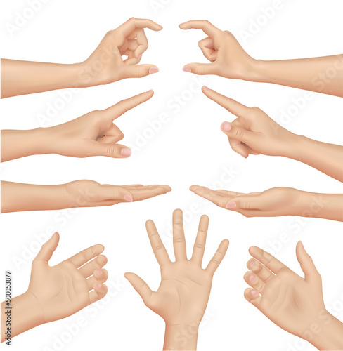 Set of Woman Hands on white background, realistic vector illustration