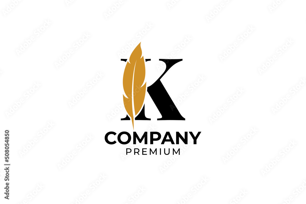 Obraz premium Flat initial letter K with feather pen logo design