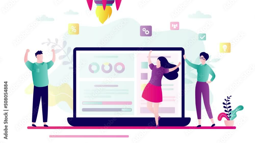 Happy developers, completion of successful business project. Motion video, animation. Creating an online startup. Rocket takeoff on screen of laptop. Happy developers, completion of successful business project. Motion video, animation. Creating an online startup. Rocket takeoff on screen of laptop.