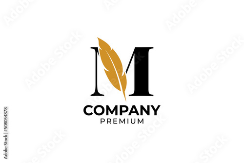 Flat initial letter M with feather pen logo design