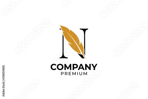 Flat initial letter N with feather pen logo design