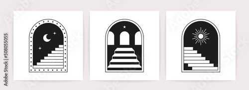 Minimal linear doors staircases. Boho mystic line tattoo signs, bohemian window frames steps. Vector esoteric card set