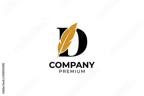 Flat initial letter d with feather pen logo design
