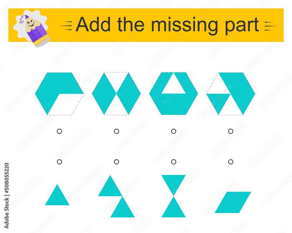 Game for kids. Add the missing part. IQ training test. Printable worksheet. Vector illustration Game for kids. Add the missing part. IQ training test. Printable worksheet. Vector illustration