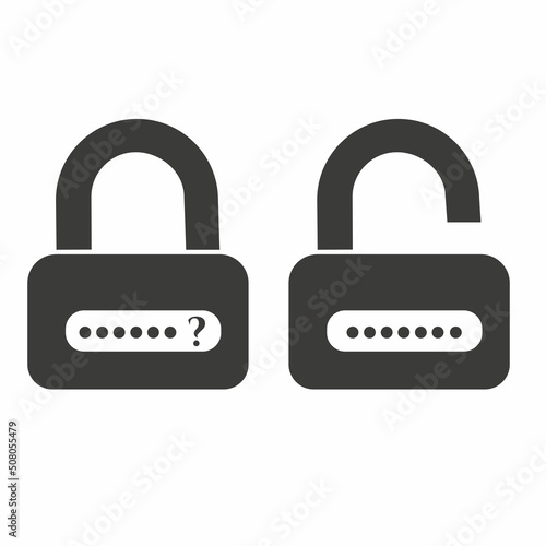 Forgot the password to unlock the phone, to log in. Open and closed lock, black silhouettes. Flat vector illustration