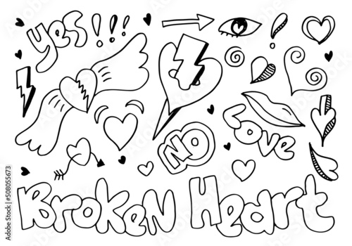 hand drawn doodles set for Valentine s Day. collection of beautiful hearts and writings Love and broken heart on white background. Vector illustration.