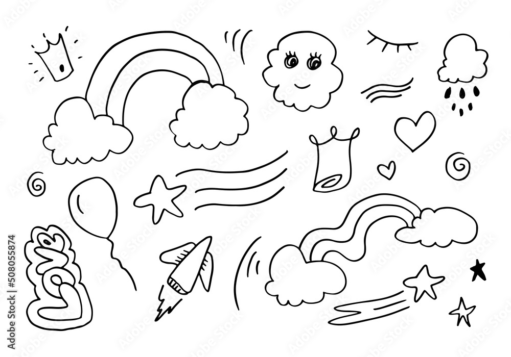 Fototapeta premium Hand drawn doodle design elements, black on white background. wind,rainbow, emphasis, rain, crown, star, rocket. doodle sketch design elements