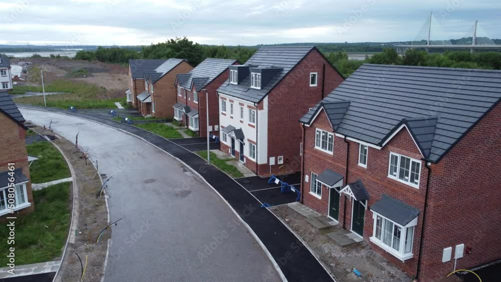 Real estate homes construction site development aerial view survey incomplete townhouse project Real estate homes construction site development aerial view survey incomplete townhouse project