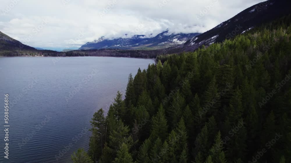 Tall Pine Forest Near Lake and Mountains during the Afternoon at St. Mary Lake, Near Kimberley, East Kootenays, British Columbia, Canada, Filmed with Drone Tall Pine Forest Near Lake and Mountains during the Afternoon at St. Mary Lake, Near Kimberley, East Kootenays, British Columbia, Canada, Filmed with Drone
