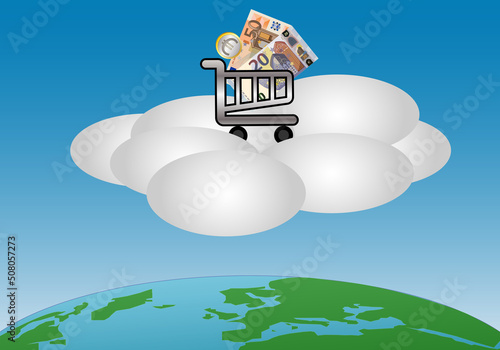 El carrito de la compra por las nubes. Inflación. Carro de la compra con billetes y monedas de euro sobre una nube sobre el planeta Tierra