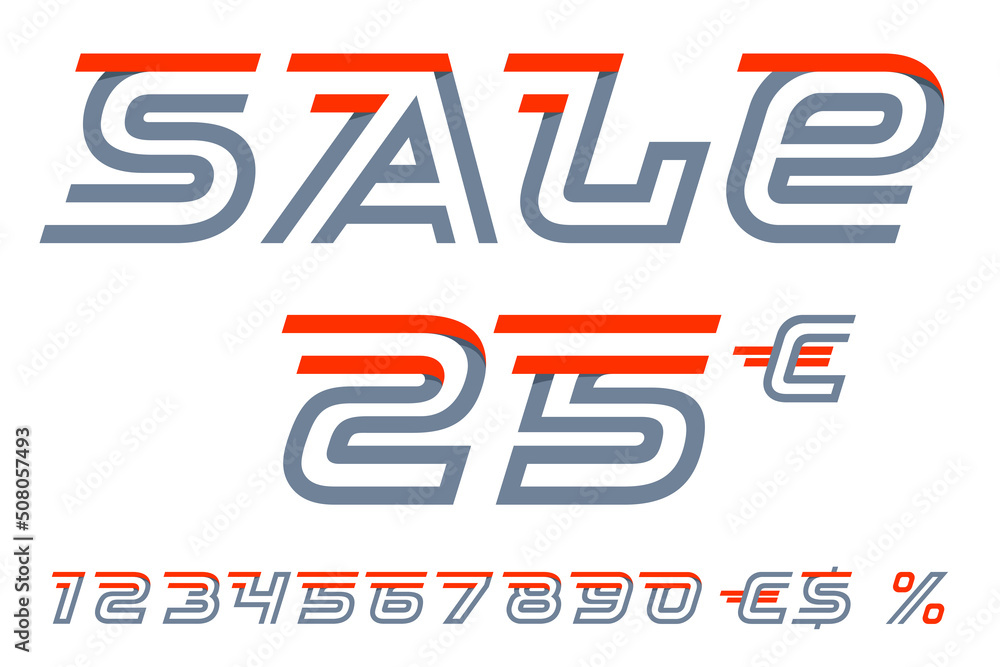 Sale lettering with numbers set, percent, and dollar sign. Fast speed and sport template with oblique letters. Sale lettering with numbers set, percent, and dollar sign. Fast speed and sport template with oblique letters.