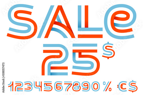 Sale lettering with numbers set, percent, and dollar sign. Sports team identity made of two lines.