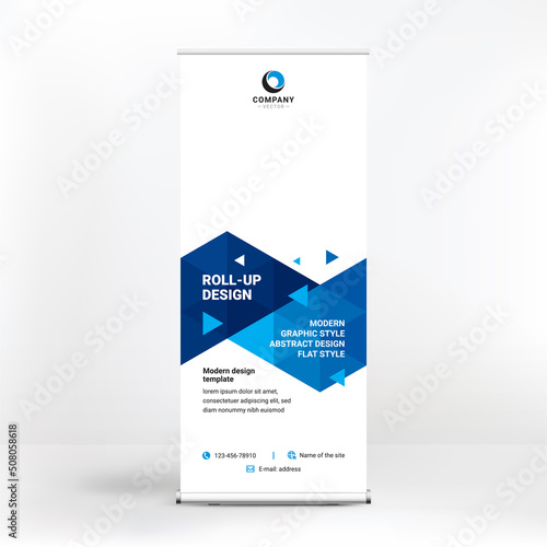 Roll-up design, geometric blue background for photos and text, creative design for presentations and conferences, seminars © Printing design