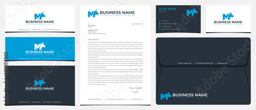 M Horse logo with stationery, business cards and social media banner designs
