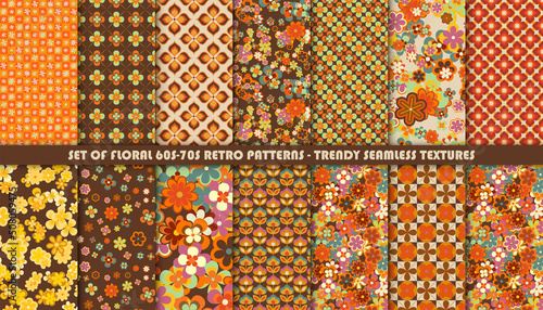 Set of colorful retro patterns. Vector trendy backgrounds in 70s style. Abstract modern geometric and floral ornaments, vintage backgrounds