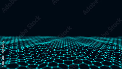 Digital technology wave. Dark cyberspace with blue motion dots and lines. Futuristic digital background. Big data analytics. 3d rendering. © Mykola