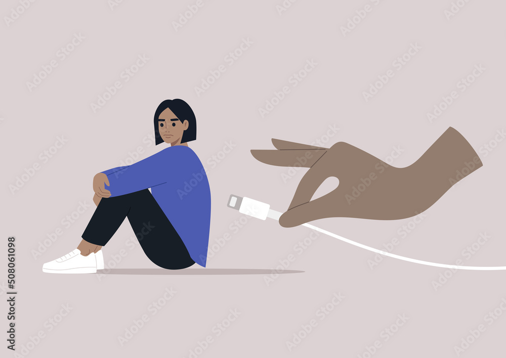 Body budget, a low battery conceptual illustration, a young exhausted female Caucasian character in need to restore the energy balance