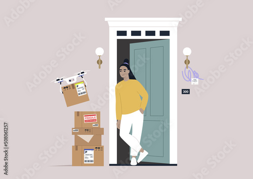 A young female Asian character standing in the doorway outside the building entrance, a drone delivering packages to their door