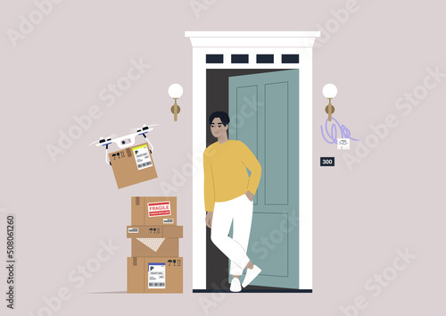 A young male Asian character standing in the doorway outside the building entrance, a drone delivering packages to their door