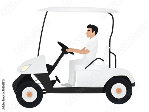 Man driving golf vehicle. vector