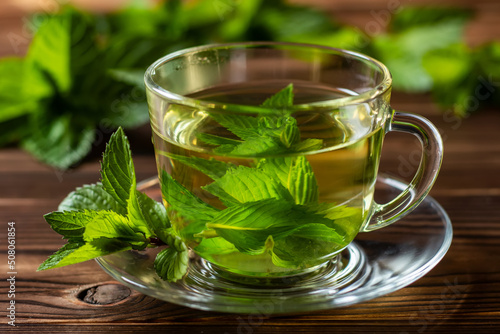 Cup of mint tea and a bunch of mint on the table