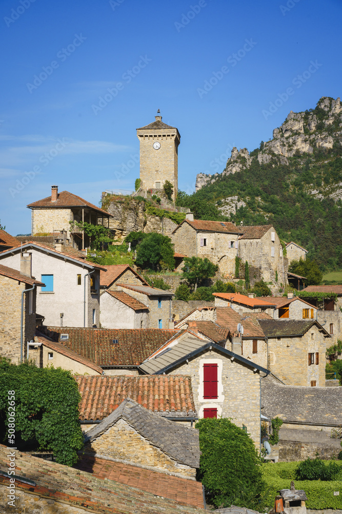 Stone houses and bell tower in Rozier, a medieval village in the Cevennes national park in France