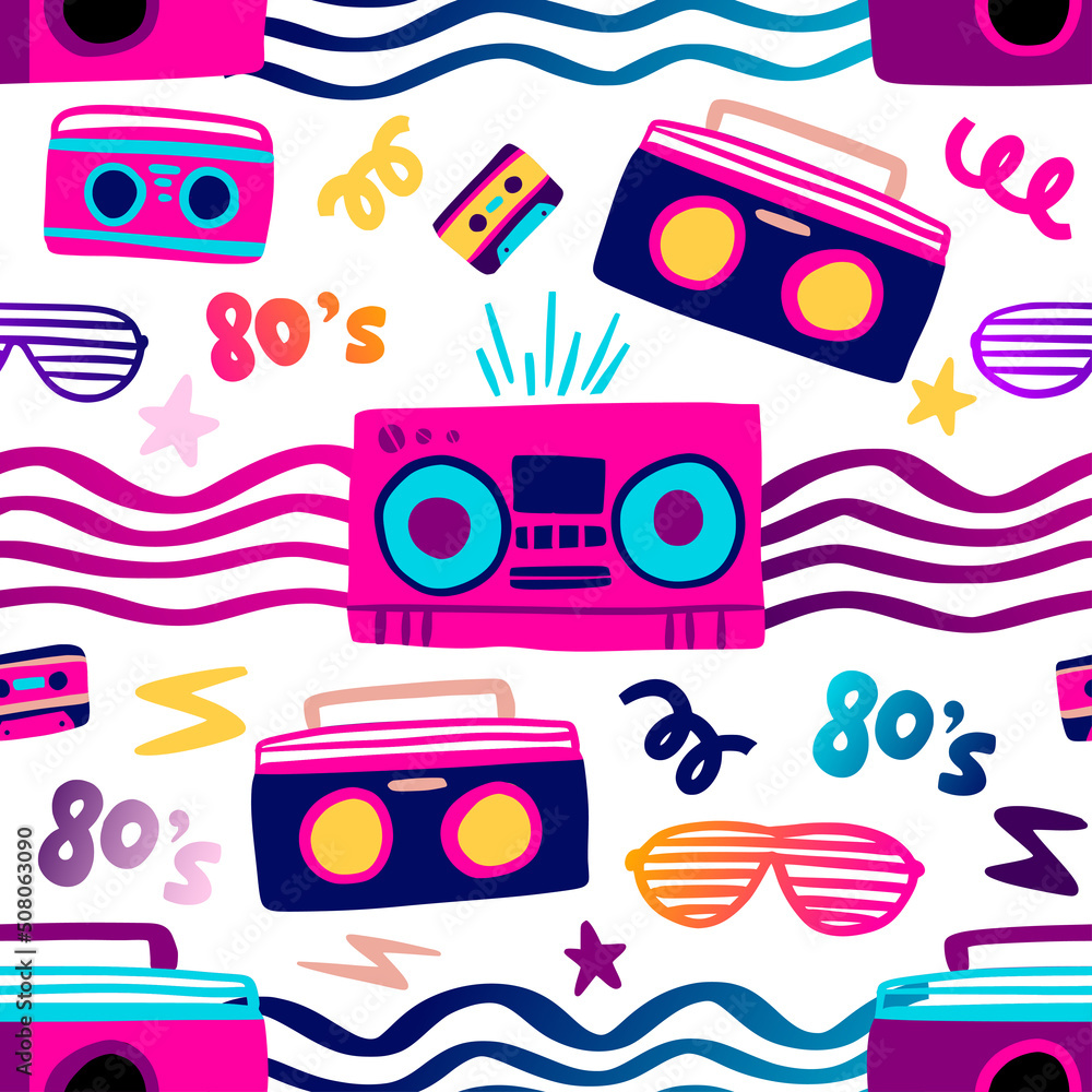 Fototapeta premium Tape recorder radio seamless pattern 80s illustration. Vector music party design
