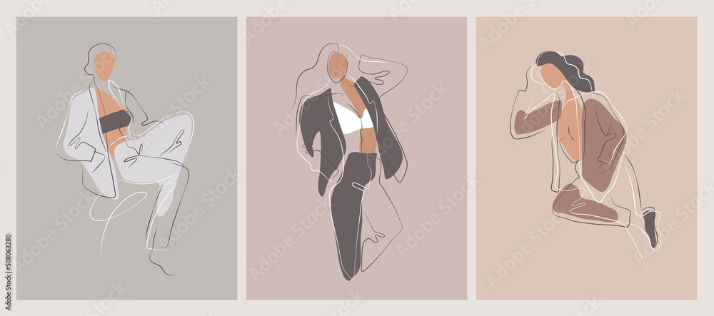 Set of elegant poster with linear woman in trouser business suit. Minimalistic female figure and face. Vector concept art of femininity and power in a trendy linear style for logo wall art or beauty