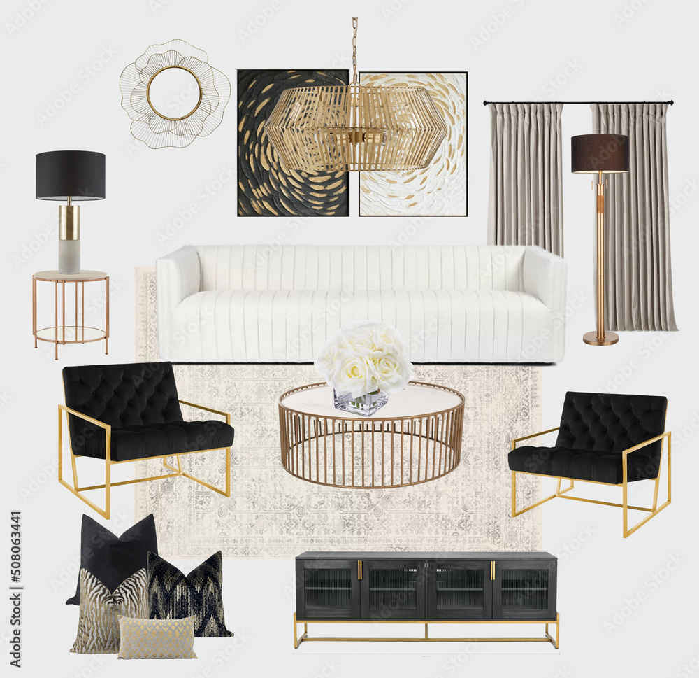 ภาพประกอบสต็อก Interior design mood board of living room , Interior