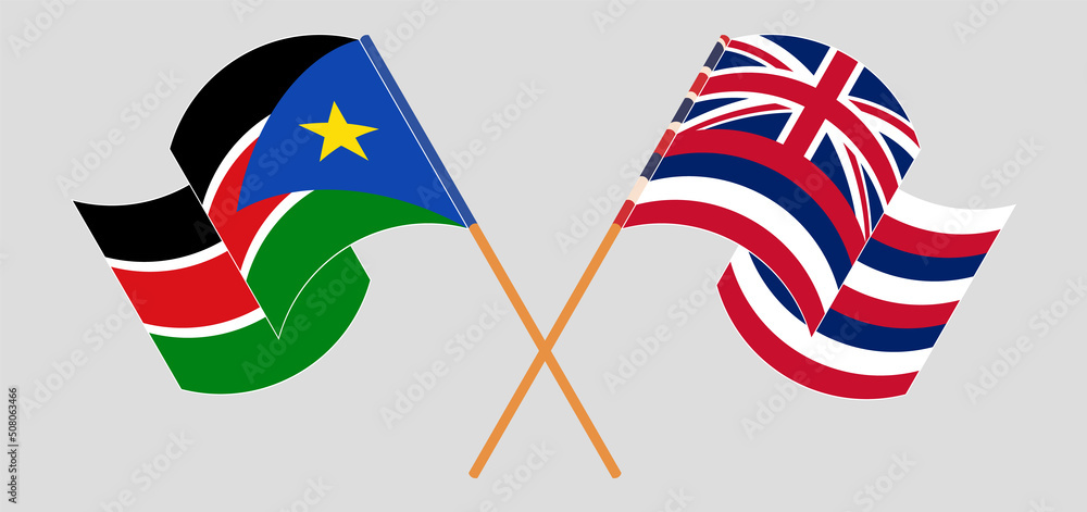 Crossed and waving flags of South Sudan and The State Of Hawaii Crossed and waving flags of South Sudan and The State Of Hawaii