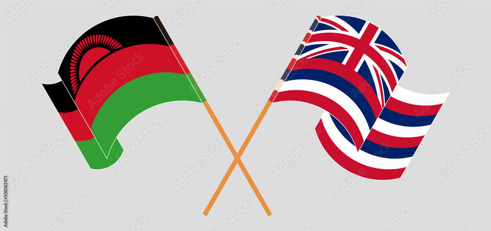 Crossed and waving flags of Malawi and The State Of Hawaii Crossed and waving flags of Malawi and The State Of Hawaii