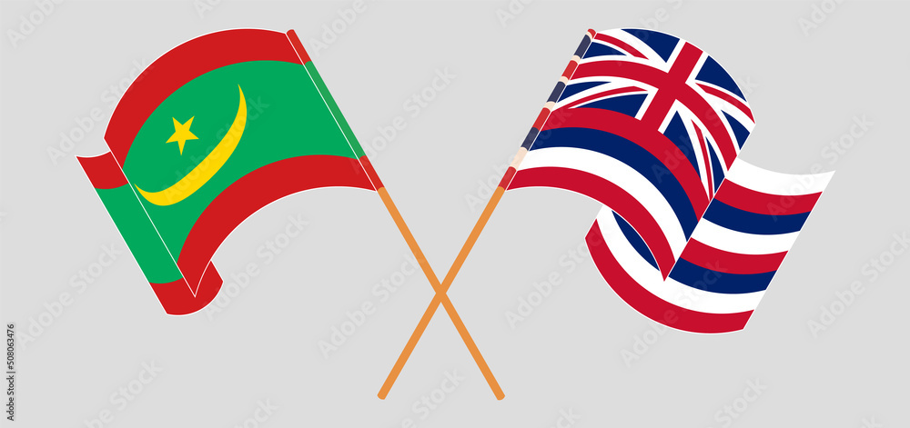 Crossed and waving flags of Mauritania and The State Of Hawaii Crossed and waving flags of Mauritania and The State Of Hawaii