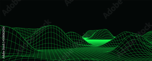 Technology perspective grid with mountain landscape background. Vector digital space wireframe landscape. Mesh on a black background