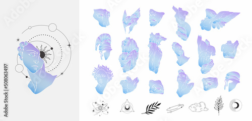 Vector set of logo with antique sculptures. Vector illustration with classical Sculpture for card poster T-Shirt or printing. Contemporary hand drawn mythical collection in line design style. Vector
