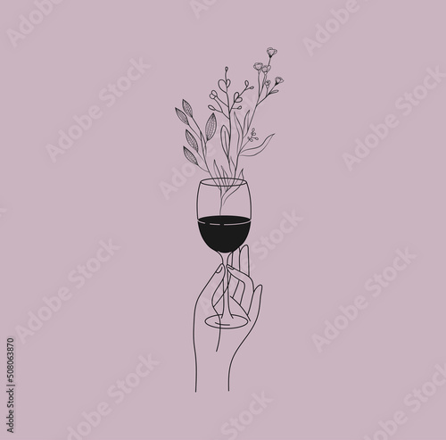 Poster or card with different woman hands gestures hold wineglass or drink with floral elements. Smell of wine like branches and blooming flowers. Vector concept
