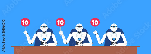 robots judge competition jury holding scorecards vector illustration