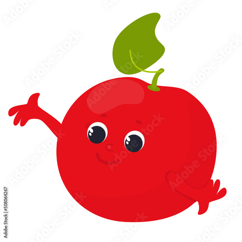 Red apple in cartoon style. A fruit with a face and a leaf is happy and smiling. Character design for baby food, packaging, for fruit puree or juice.