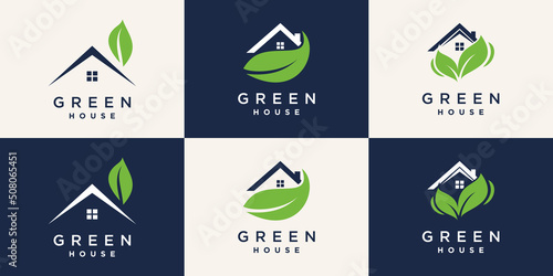 Set of green house logo design with creative concept Premium Vector