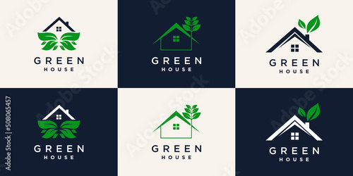 Set of green house logo design with creative concept Premium Vector